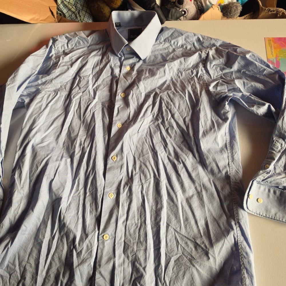 David Donahue Mens Blue White Micro Check Cotton Dress Shirt 16.5 32/33